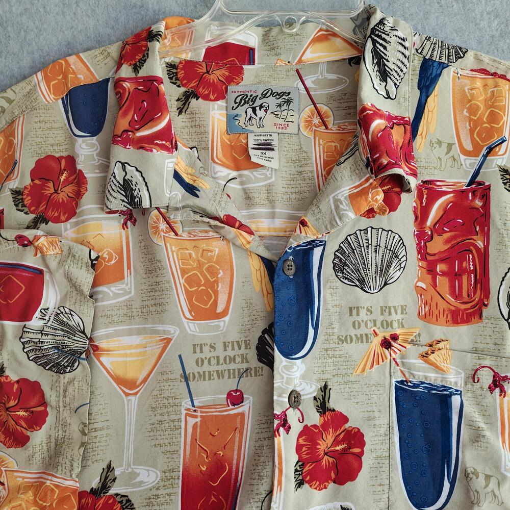 Big Dogs Shirt Mens Big 3X Hawaiian Cocktail Parrot Tiki Beach Rayon Button-Up